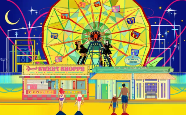 Colorful Coney Island Ferris wheel and sweet shop illustration at night