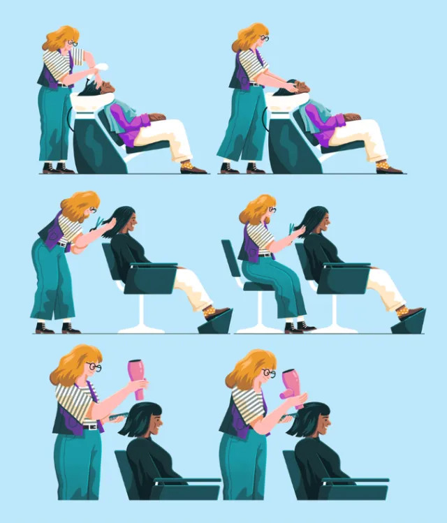 Hairdresser shampooing, cutting, and drying client's hair in salon