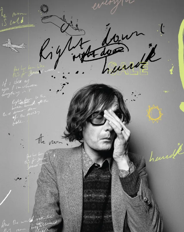 Black and white portrait of Jarvis Cocker with handwritten text overlay