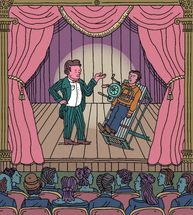 Illustration of man performing hypnotism on stage before audience