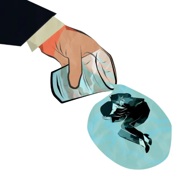 Hand pouring drink on woman curled up in a glass symbolizing workplace pressure