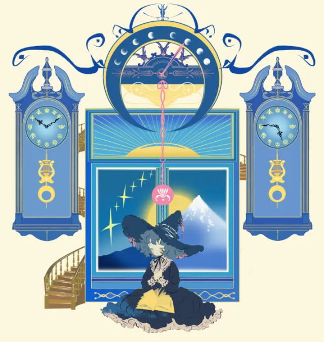 Whimsical night scene with a little witch, clocks, and moonlight