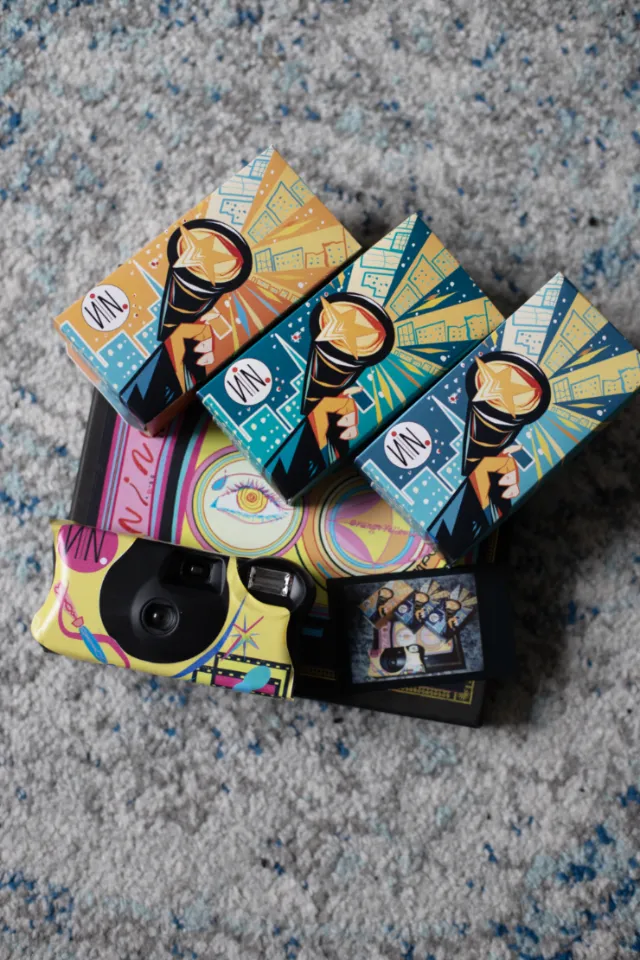 Kodak One Time Camera packaging with colorful flashlight city designs