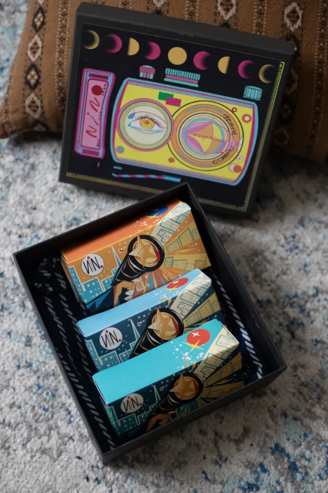 Kodak one-time camera packaging with colorful geometric designs