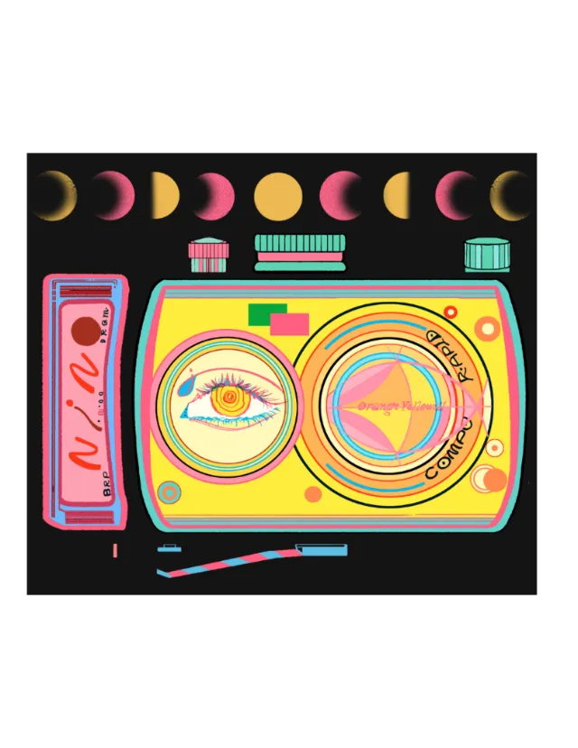 Colorful illustration of a camera with moon phases above