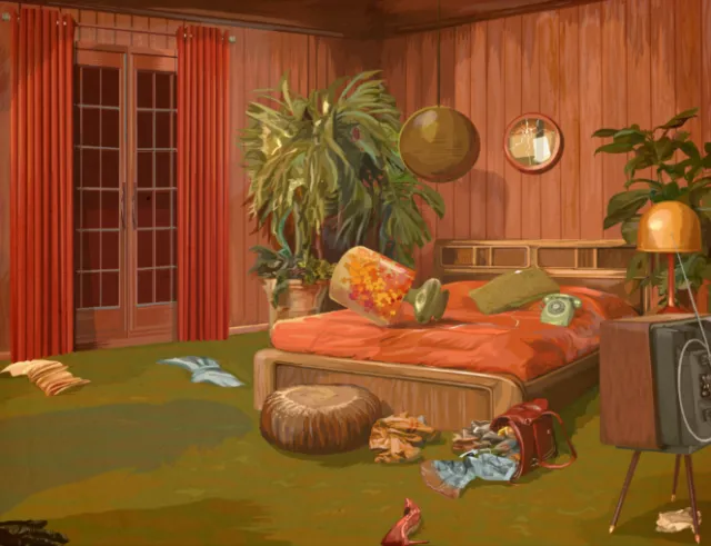 Cozy vintage bedroom with plants, red curtains, and retro furniture