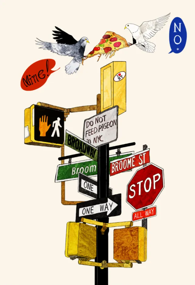 New York street signs with pigeons and pizza slice illustration