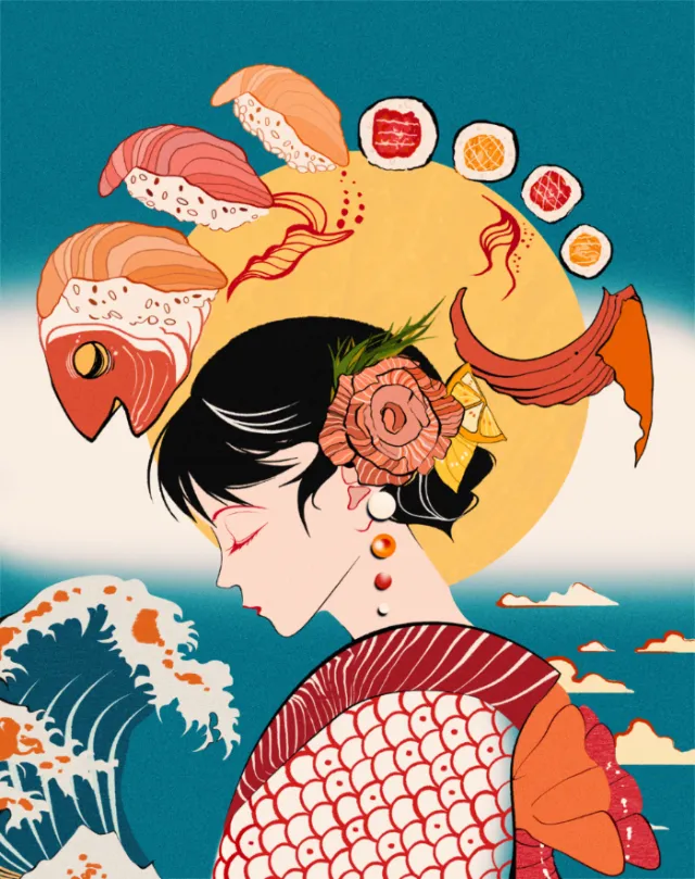 Japanese woman with sushi and seafood kimono design