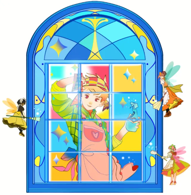 Fairy tale sprites cleaning a colorful window with sparkles