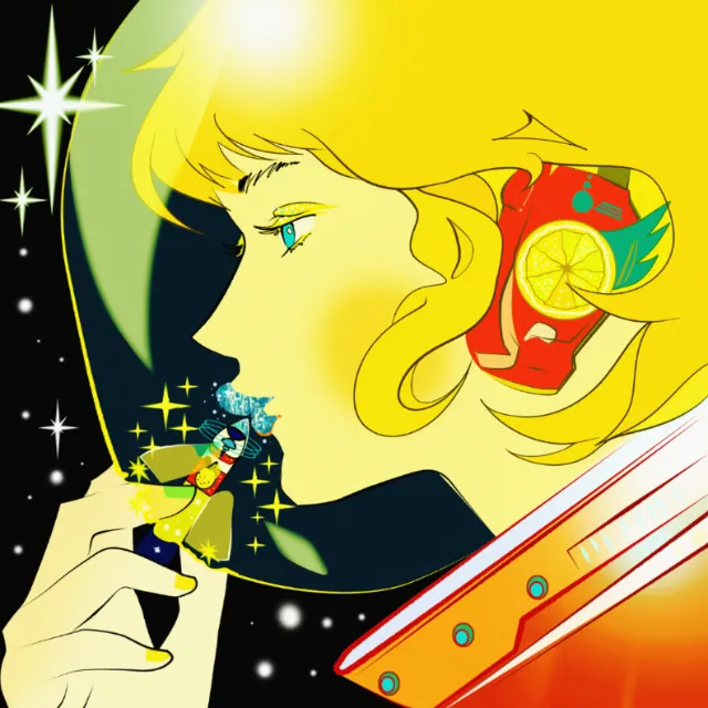 Profile of a woman with starry background holding sparkling object close to lips