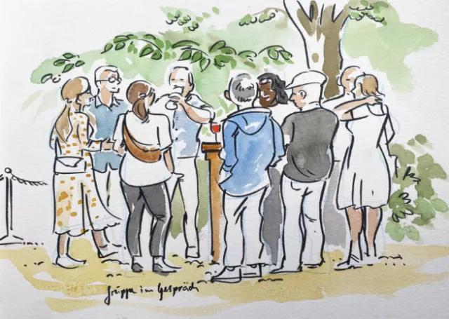 People standing in a semi-circle outdoors near a tree