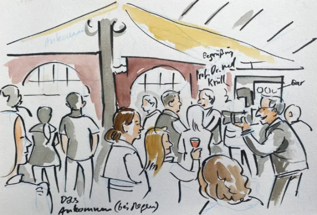 Illustration of group of people at an indoor social event with bar.