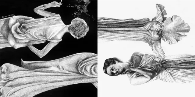 Black and white drawing of women in elegant dresses by Reiko Kato