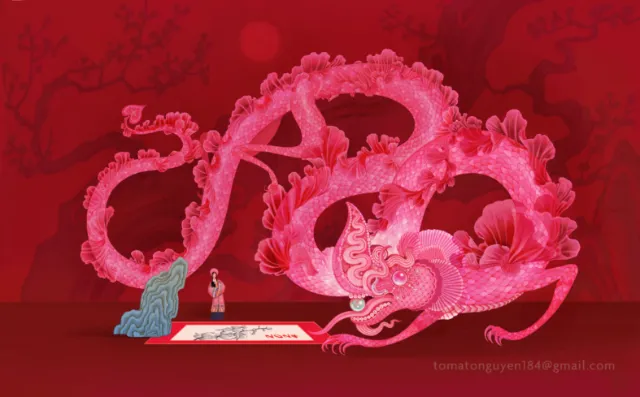 Red traditional dragon with person reading scroll beneath on red background