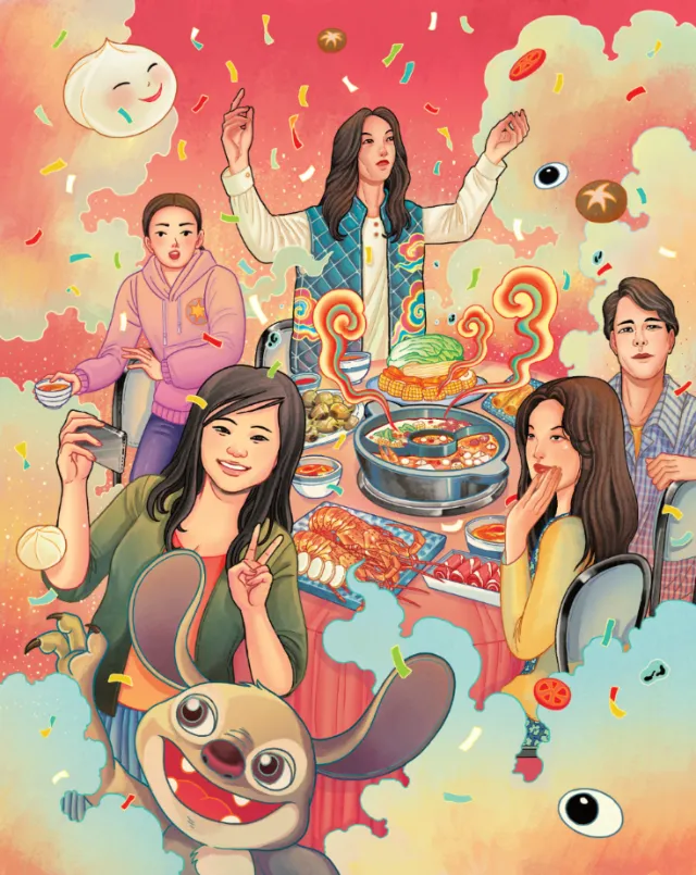 Illustration of Asian family enjoying hot pot dinner together