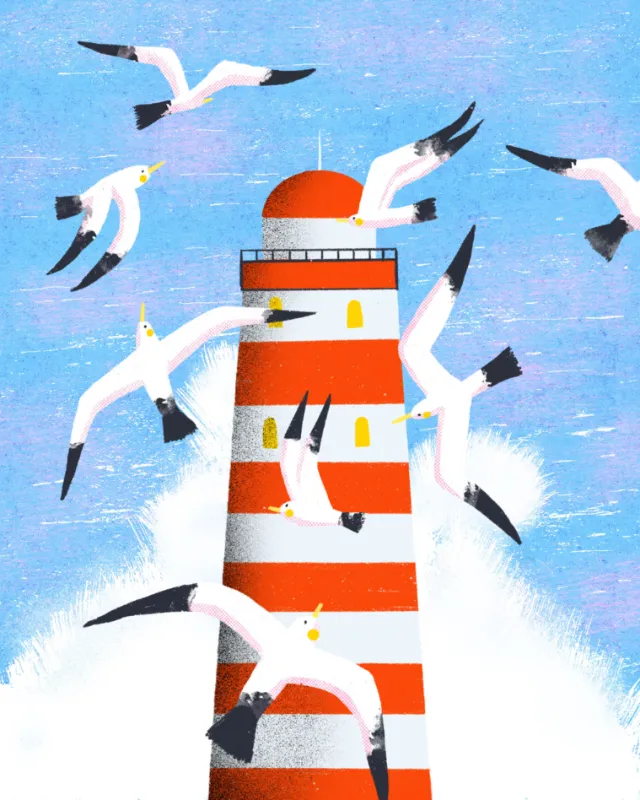 Red and white striped lighthouse with flying seagulls under blue sky