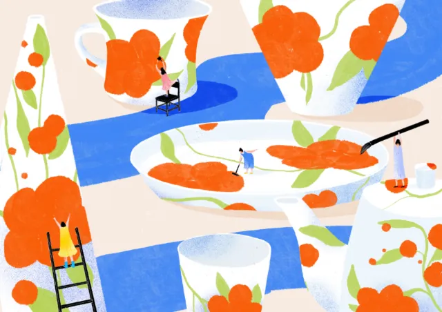 Illustration of white ceramic dishes with orange floral patterns