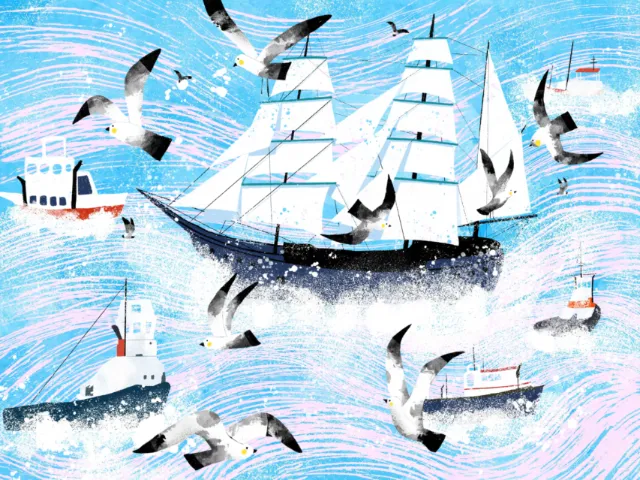 Sailing ship surrounded by seagulls and smaller boats on blue sea