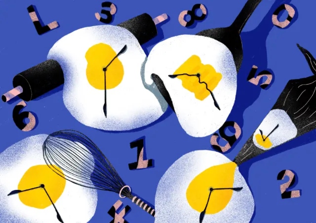 Fried eggs with clock hands and kitchen utensils on blue background