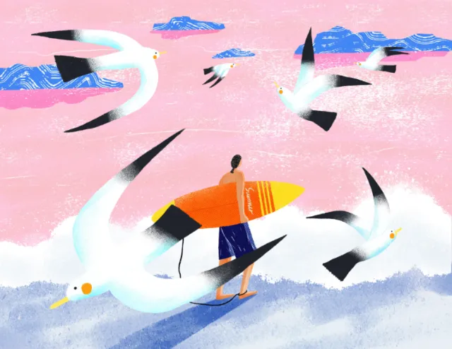 Person with surfboard walking on beach with seagulls flying
