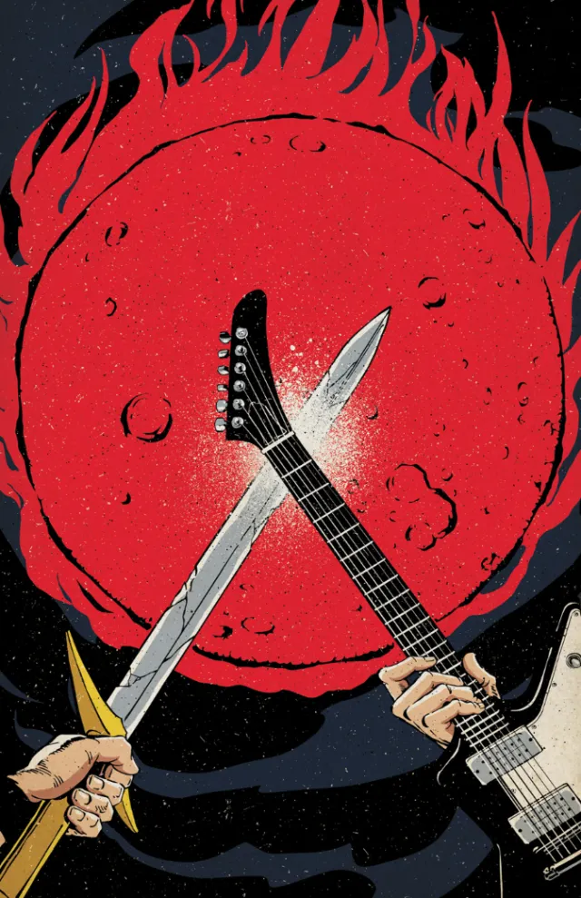 Hands holding electric guitar and sword crossed with flaming red moon background.