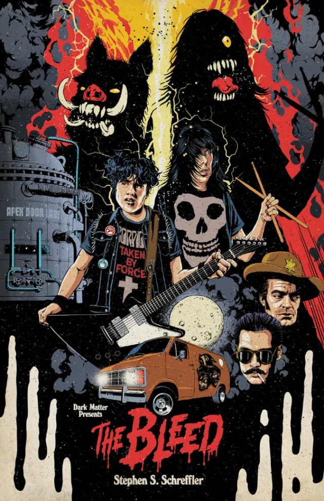 Illustration of a punk band with monsters and a vintage van.