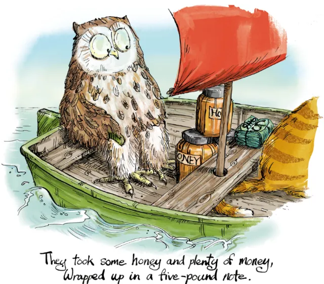 Owl and cat in a small boat with honey and a red sail