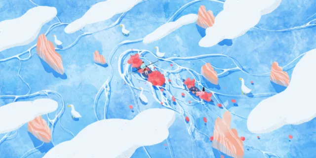 Translucent jellyfish with pink petals in blue, by Xinping Li