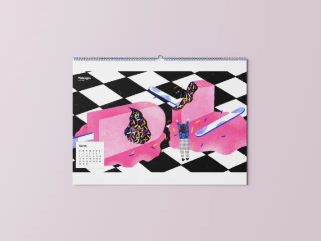 2022 calendar page with colorful sprinkle ice cream art on checkered floor