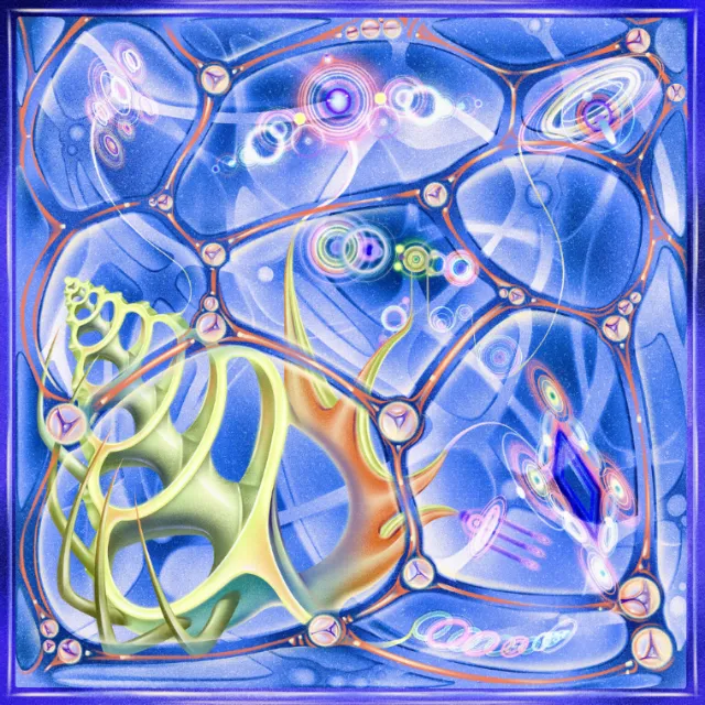Abstract blue and purple interconnected cellular shapes with luminous details