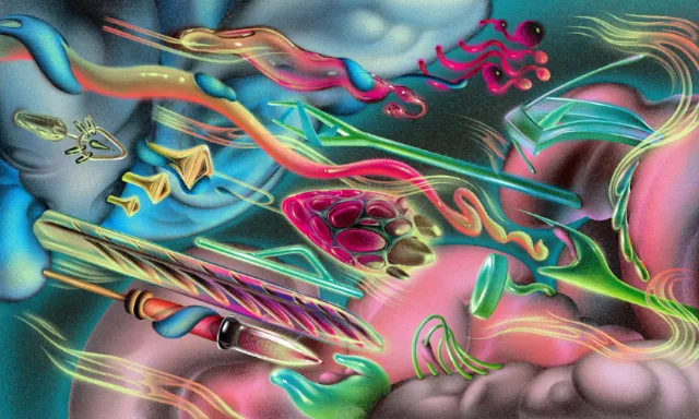 Abstract colorful shapes swirling over a human silhouette background