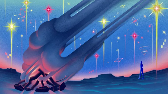 Person observing large futuristic structure in starry desert night