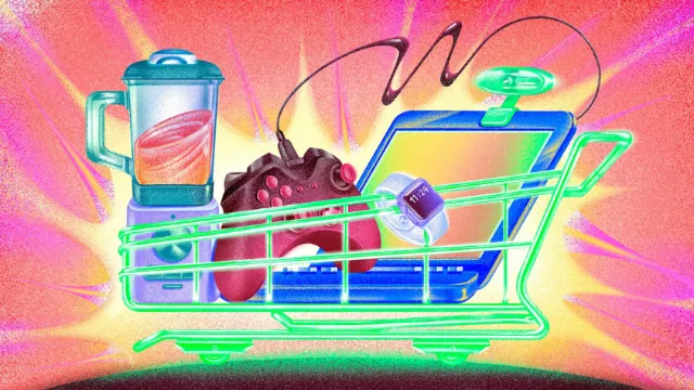 Neon shopping cart with blender, game controller, laptop, coffee cup, and smartphone by Wenjing Yang