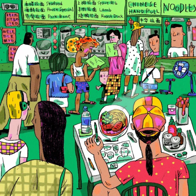 Chaotic noodle shop in cartoon style