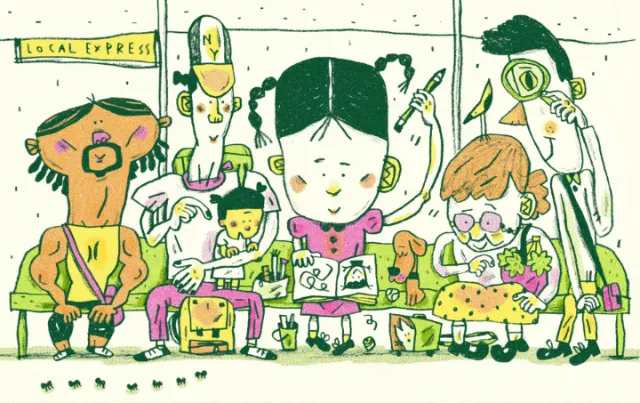 Illustration of diverse kids on NYC subway with snacks and books