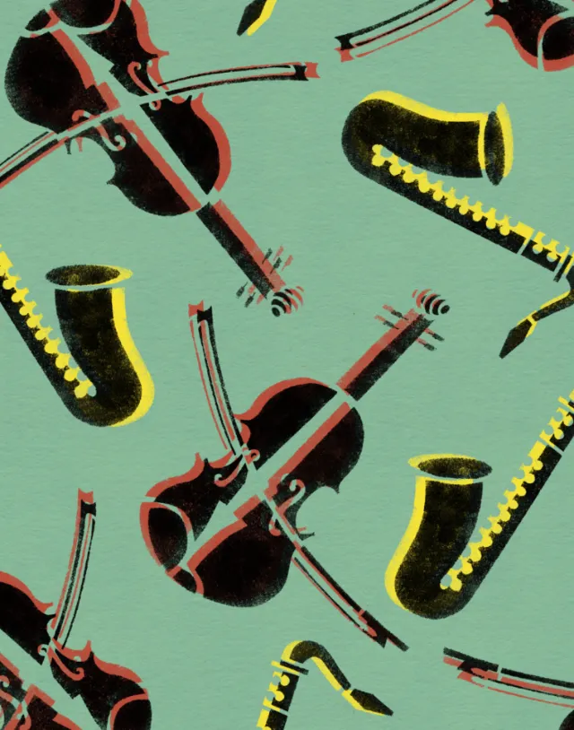 Seamless pattern with violin and saxophone illustrations on green