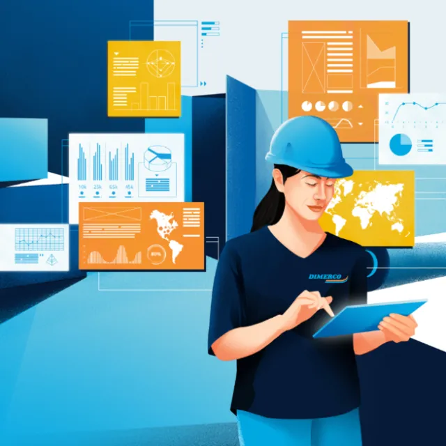 Woman wearing blue helmet using tablet with digital charts
