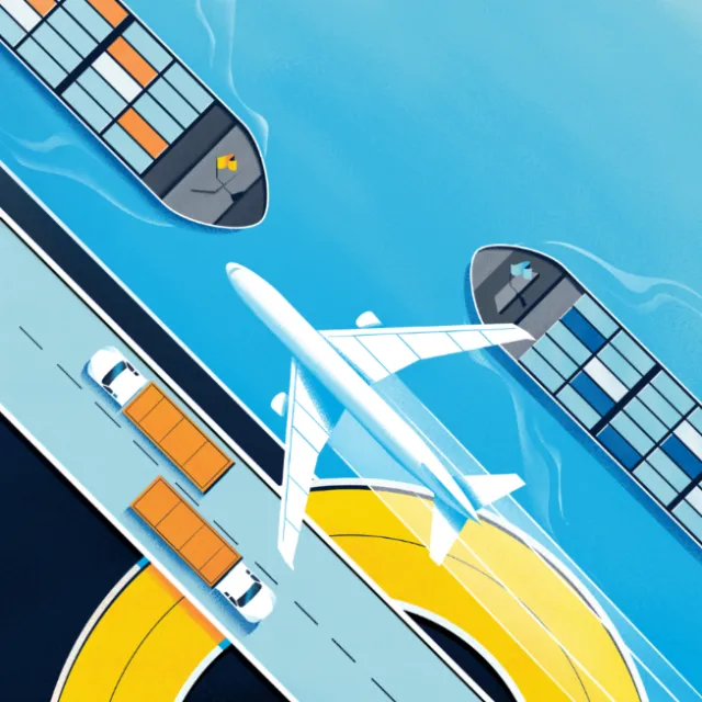 Airplane flying over cargo ships and trucks loading at a port