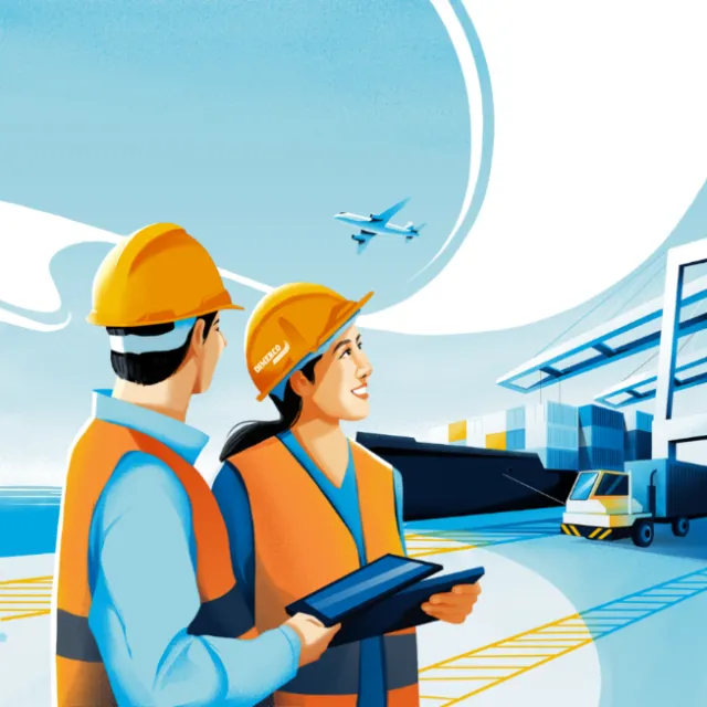 Construction workers with helmets at port with containers and airplane overhead