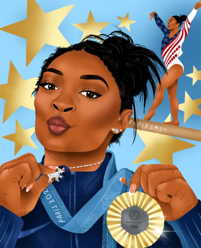 Simone Biles holding Olympic medal and making a face by Alyah Holmes