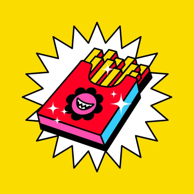 Red fries box with smiling face logo on bright yellow background