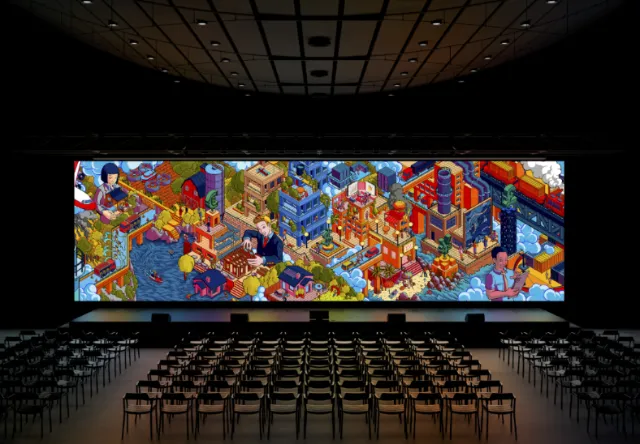 Colorful pixel art mural in dark gallery with empty chairs
