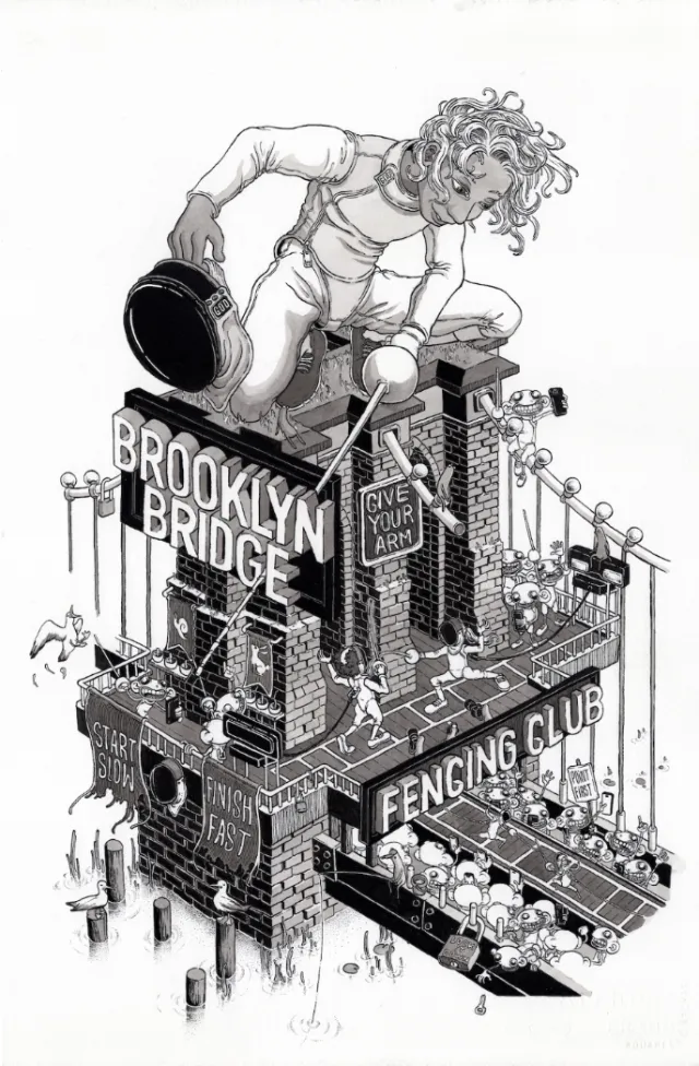 Black and white drawing of giant person building Brooklyn Bridge fencing club
