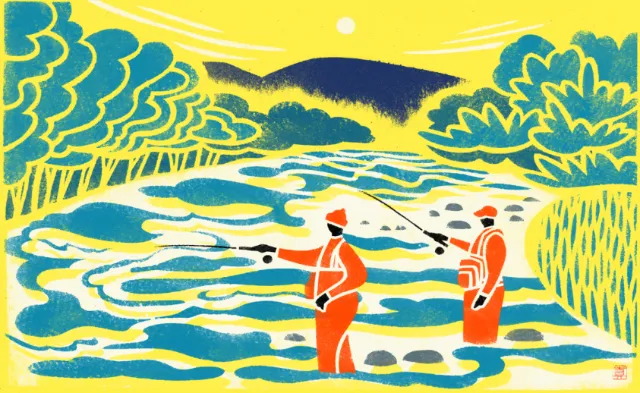 Two fly fishers fishing in a river in a colorful nature scene