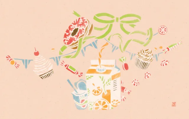 Illustration of sweets, pastries, and a decorated jar with a green ribbon