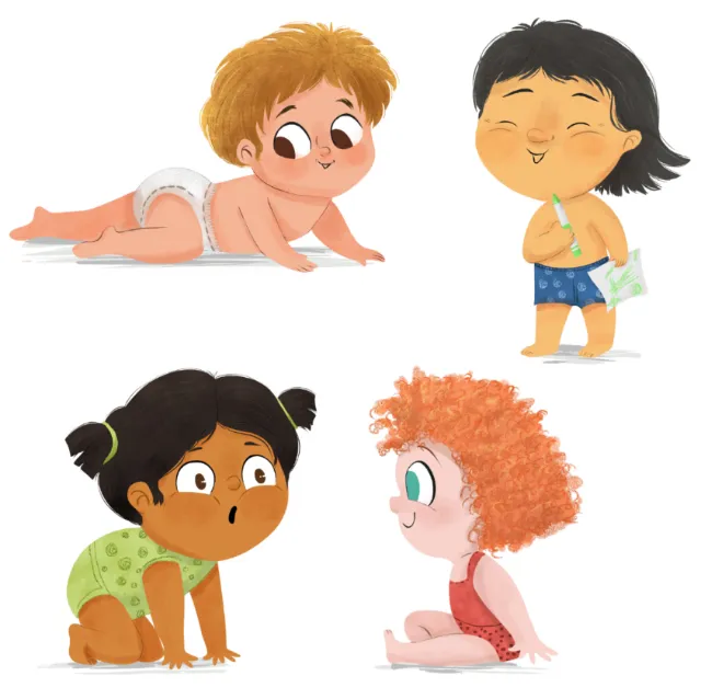 Four toddlers with different hair and skin colors wearing diapers playing