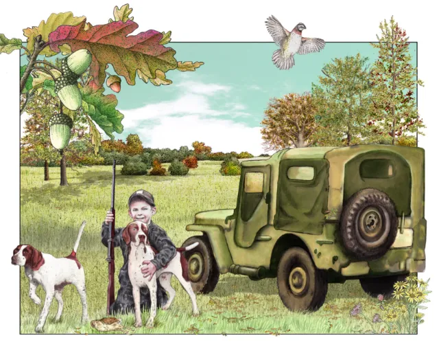 Boy with dogs by jeep in field holding hunted quail bird