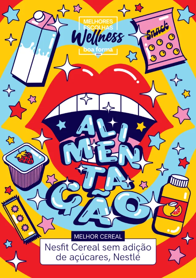 Bright illustration with lips, cereal, snacks, and vitamins promoting Nestlé Nesfit
