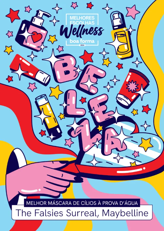Illustration of Maybelline waterproof mascara with colorful letters and stars