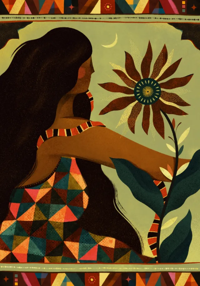 Woman holding large flower under crescent moon by Barbara Tamilin